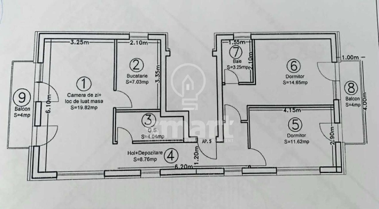 Apartament 3 camere de vânzare  Borhanci  69 mp