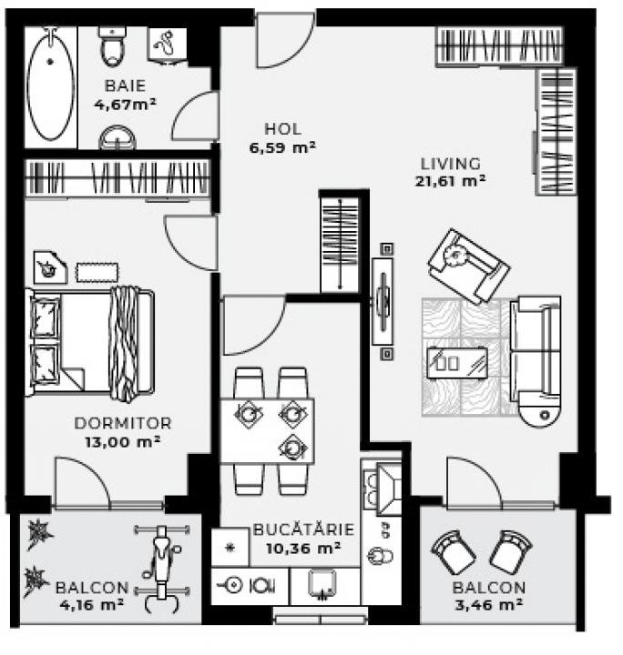 Apartament 2 camere decomandat 55,62 mp Sopor Iulius Mall