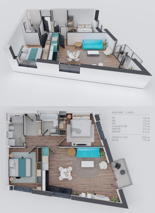 Apartament 3 camere 68 mp BLOC NOU CU CF Dambul Rotund 