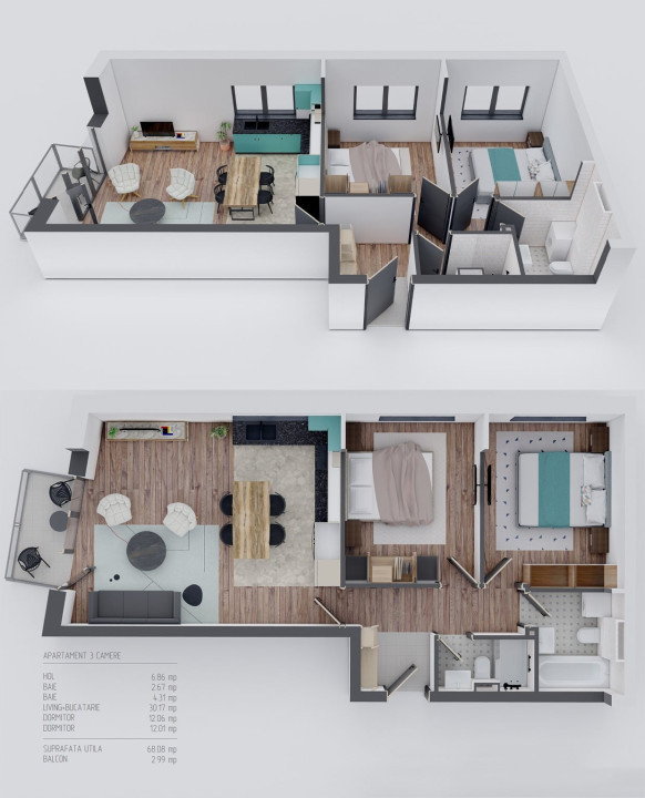 Apartament 3 camere 68 mp BLOC NOU CU CF Dambul Rotund 